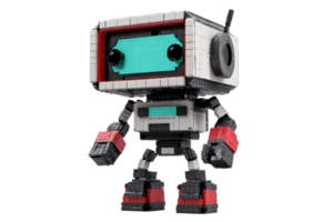 Futuristic robot toy with rectangular head and antennas, featuring a playful design and vibrant colors, isolated on transparent background. png