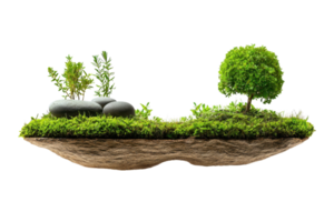 Floating island with green plants and stones, isolated on transparent background. representing nature, growth, and ecology. png