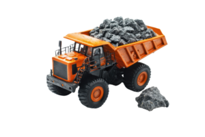 Heavy-duty orange dump truck loaded with rocks, isolated on a transparent background. ideal for construction and mining industry visuals. png