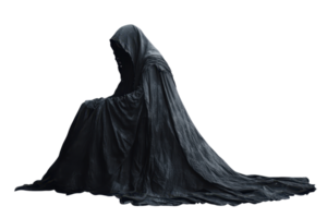 Hooded figure in a dark cloak sitting with a mysterious and eerie presence, symbolizing death or the grim reaper. Isolated on transparent background. png