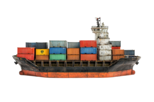 Large cargo ship loaded with colorful shipping containers, isolated on a transparent background. Ideal for maritime and logistics concepts. png