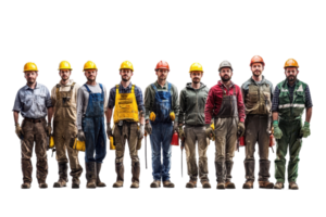 Group of construction workers in safety helmets and uniforms standing in a line, showcasing teamwork and diversity on a transparent background. png