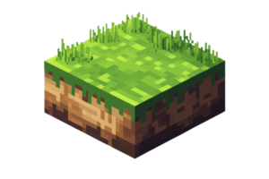 Isometric pixel art of a grassy land block with dirt layers, perfect for game design or educational use, isolated on a transparent background. png