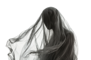 Mysterious figure covered in flowing sheer fabric, creating an eerie and ethereal atmosphere. Isolated on a transparent background. png