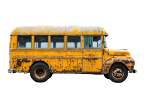 Old yellow school bus with rust and aged paintwork highlighting vintage charm and nostalgic history isolated on transparent background. png