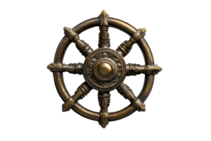 Vintage ship wheel isolated on transparent background. showcasing nautical theme in brass tones, perfect for maritime design projects and decor. png