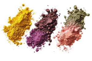 Vibrant and colorful powder pigments in yellow, purple, and green on a transparent background. Ideal for art, design, and creative projects. png