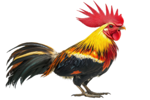 Vibrantly colored rooster with bright red comb and multicolored feathers, standing on a transparent background. showcasing its stunning plumage. png