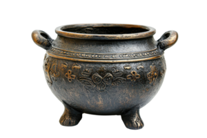 Antique bronze cauldron with ornate engravings, perfect for historical or fantasy-themed decor, showing detailed craftsmanship and patina. png