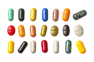 A variety of colorful capsules and pills arranged in rows, showcasing different shapes, sizes, and colors on a transparent background. png