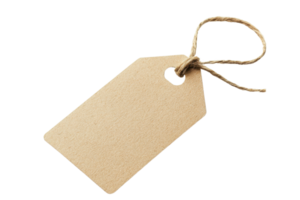 Brown kraft paper tag with twine isolated on transparent background. Ideal for gift wrapping, labeling, or DIY crafting projects. png