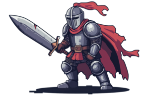 Cartoon knight in armor with a red cape and sword, ready for battle, isolated on transparent background. png