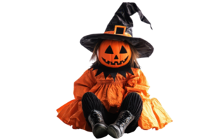 Child in a cute Halloween costume with a pumpkin mask and witch hat. Perfect for festive celebrations and autumn-themed designs. png