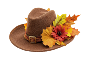 Brown felt hat decorated with autumn leaves and a flower, symbolizing the fall season. Perfect for seasonal fashion and festive occasions. png
