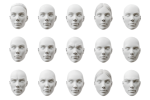 Collection of 15 white plaster human face masks with different expressions, isolated on transparent background. Perfect for art or psychology concepts. png