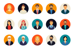 Collection of diverse professional avatar icons in colorful circles, perfect for websites, profiles, and user interfaces. png