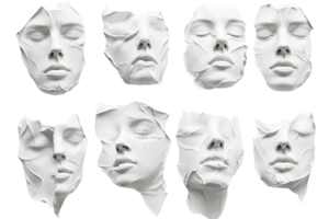 Collection of abstract white sculpted faces with various expressions and distortions, isolated on transparent background. png