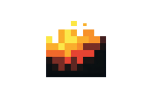 Pixelated flaming fire icon. Retro-style graphic with vibrant yellows, oranges, and reds. Ideal for game design, digital art, and icons. png