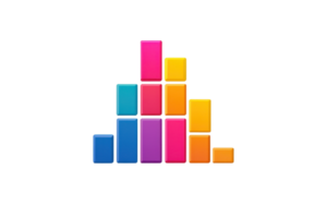 Colorful bar graph icon in minimalist design, featuring multicolored bars in a pyramid layout against a transparent background. png