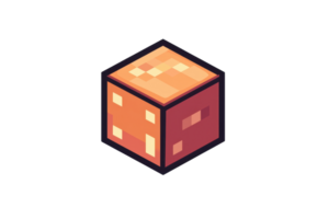 Pixel art illustration of a 3D orange cube with glowing highlights, ideal for game design, app icons, and digital artwork. png