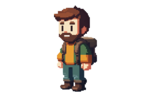 Pixelated character sprite with a backpack and beard, ideal for game design, animation, and adventure themed projects. png