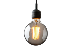 A close-up of a glowing vintage-style lightbulb hanging against a transparent background. showcasing its filament design and warm illumination. png