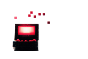 Retro arcade machine with pixelated screen and floating red pixels on a transparent background. evoking nostalgia and classic gaming vibe. png