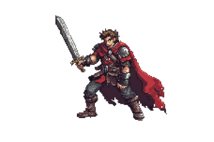 Pixel art of a warrior holding a sword, wearing armor and a red cape, ready for battle. Perfect for game design and fantasy themes. png