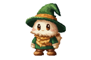 Cute pixel art character dressed as a little wizard with a green hat and robe, perfect for fantasy and gaming themes. png
