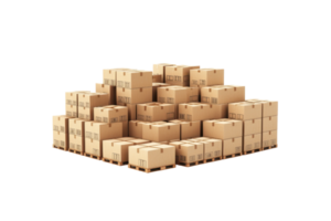A stack of brown cardboard boxes of various sizes arranged together on a transparent background. suitable for shipping, storage, or moving purposes. png