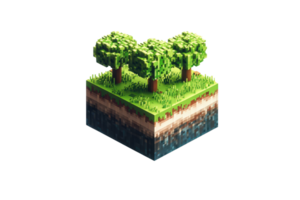Isometric 3D pixel art block featuring green trees on grassy terrain, with soil and rock layers visible, inspired by voxel graphics. png