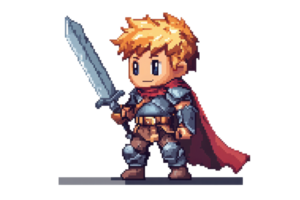 Pixel art warrior character holding a sword in armor and red cape, ideal for gaming content and retro-themed designs. png