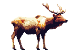Pixel art illustration of a standing elk with antlers, showcasing a detailed retro style design. Ideal for vintage-themed projects. png