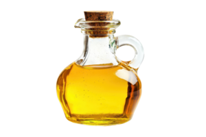 A clear glass bottle filled with golden olive oil, sealed with a cork, isolated on a transparent background. png