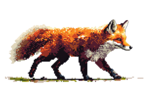 Vibrant pixel art of a walking fox, capturing intricate details of the fur and expression, ideal for retro-themed projects and digital art enthusiasts. png