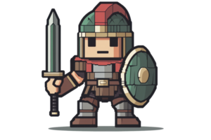 Pixel art warrior with sword and shield, ready for battle. Retro style character for game or digital art project. png