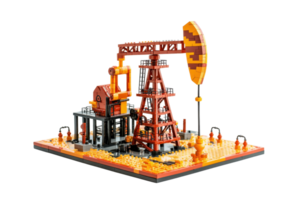 Colorful toy building blocks arranged as an oil rig model with intricate details and vibrant hues, showcasing creativity and engineering. png