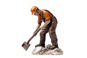 Statue of a worker wearing a hard hat and overalls, digging with a shovel, symbolizing hard work and labor. png