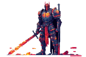 Pixel art of a fiery medieval knight in full armor, standing with a glowing sword and shield, surrounded by embers. png