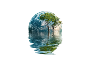 Surreal image of a tree inside a bubble floating on water, representing conservation, Earth, and environmental protection. png
