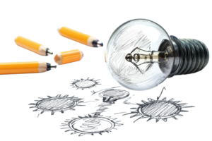 Creative concept sketch of light bulb and pencils symbolizing innovation and idea generation. Ideal for creativity and design themes. png