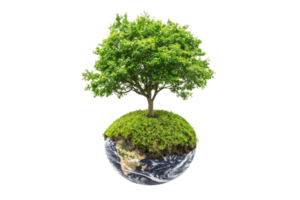 Conceptual image depicting environmental conservation with a green tree growing on a small Earth globe, symbolizing sustainability. png