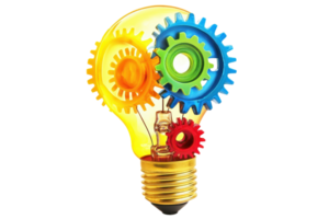 Colorful light bulb with interlocking gears representing innovation and creativity. Ideal for business, technology, and idea-related themes. png