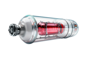 Futuristic transparent battery with a red core, showcasing advanced technology and energy storage design. png
