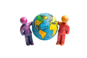Colorful clay figures holding a detailed globe representing unity and diversity. Ideal for global concepts, education, and international themes. png