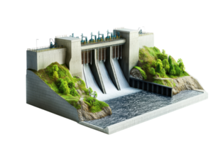 Cutout of a 3D model of a hydroelectric dam with flowing water, generating sustainable energy, surrounded by greenery. png