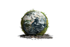 Earth globe partially covered with moss, symbolizing environmental issues, sustainability, and nature conservation against a transparent background. png