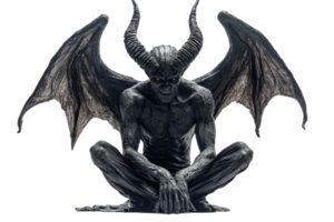 Dark demonic creature with large horns and wings in a menacing pose. Perfect for Halloween or horror-themed projects. png