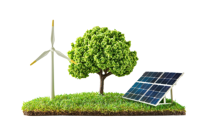 Image depicting renewable energy sources with a wind turbine, solar panel, and tree symbolizing eco-friendly and sustainable energy solutions. png
