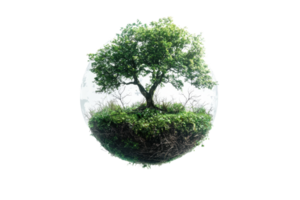 Lush green tree in a floating globe surrounded by mist, symbolizing nature, environment, and ecological balance in a surreal landscape. png